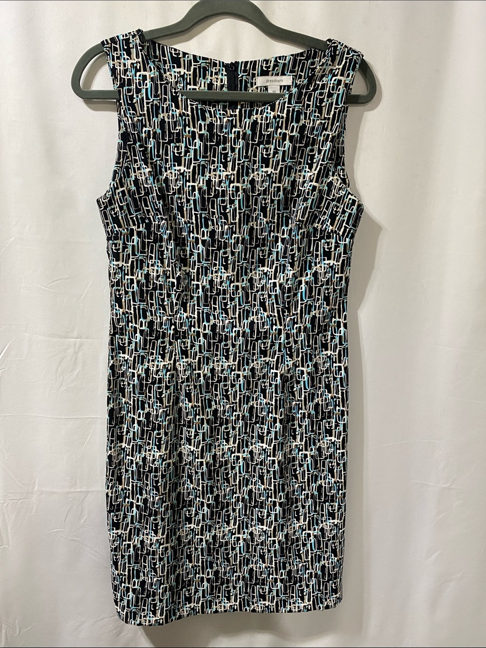 dressbarn Black Midi Sheath Dress with White & Light Blue Geometric Print